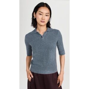 NWT Vince Bouclé Silk-Cashmere Short Sleeve Polo Sweater in Lake Stone